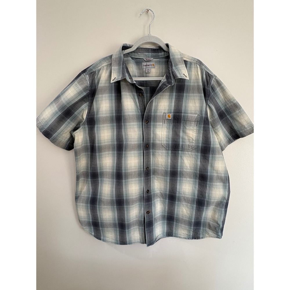 Carhartt Mens 2XL Relaxed Fit Plaid Short Sleeve Button Down Shirt 104174 Blue